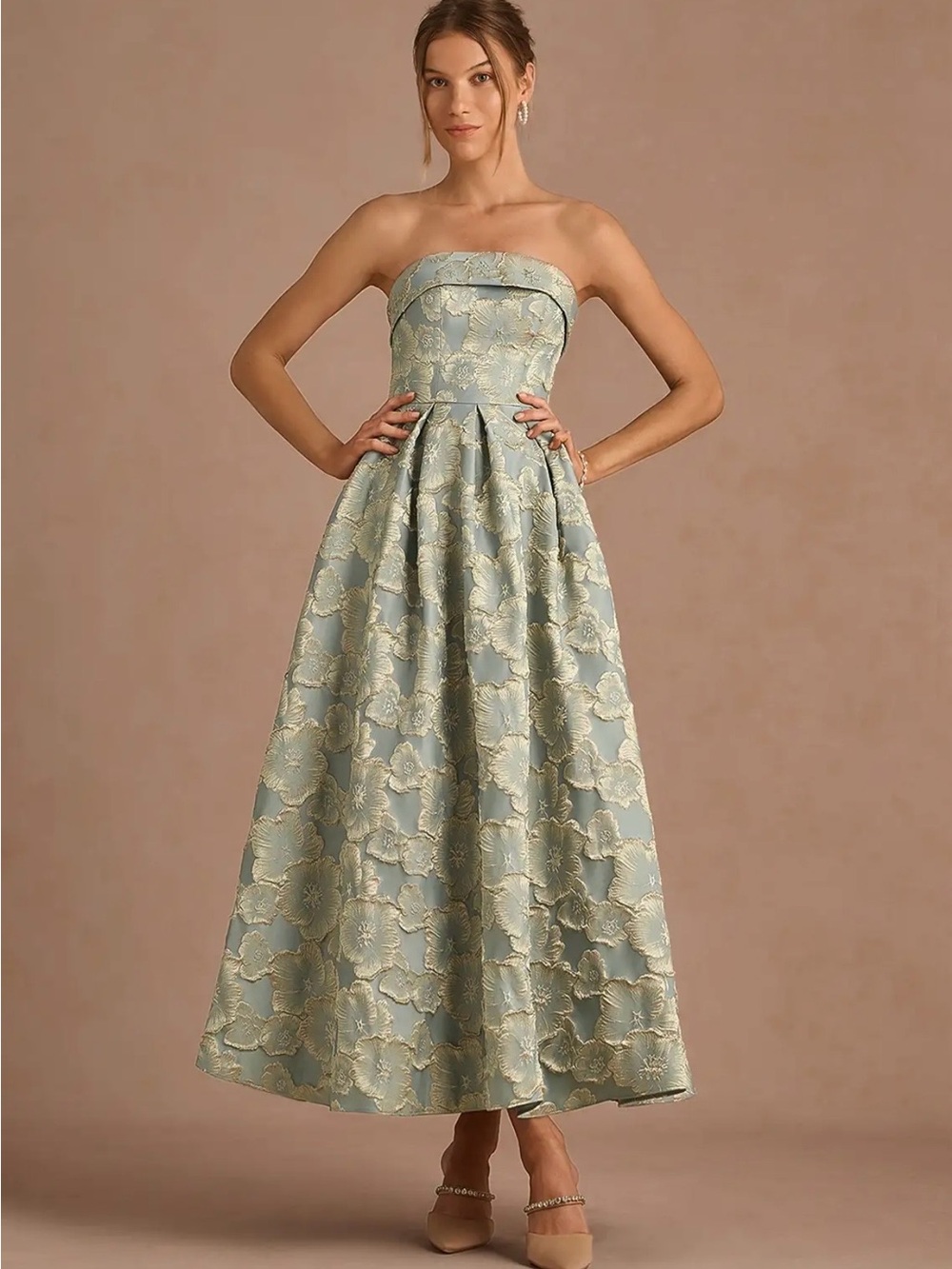 Azazie Strapless Floral Jacquard Midi Dress in Light Blue and Gold Accents - Picture 3 of 6